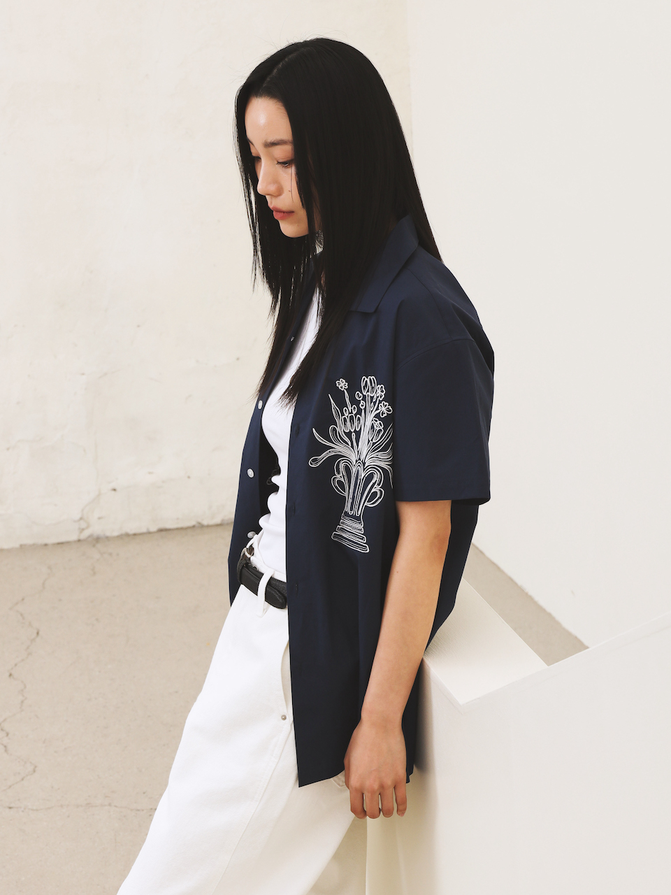 Flowers embroidery Shirt navy