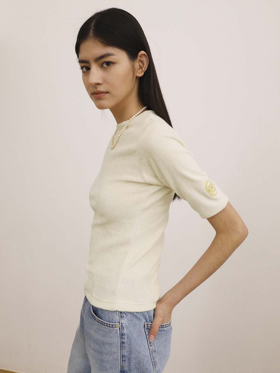 Terry half sleeve top natural ivory